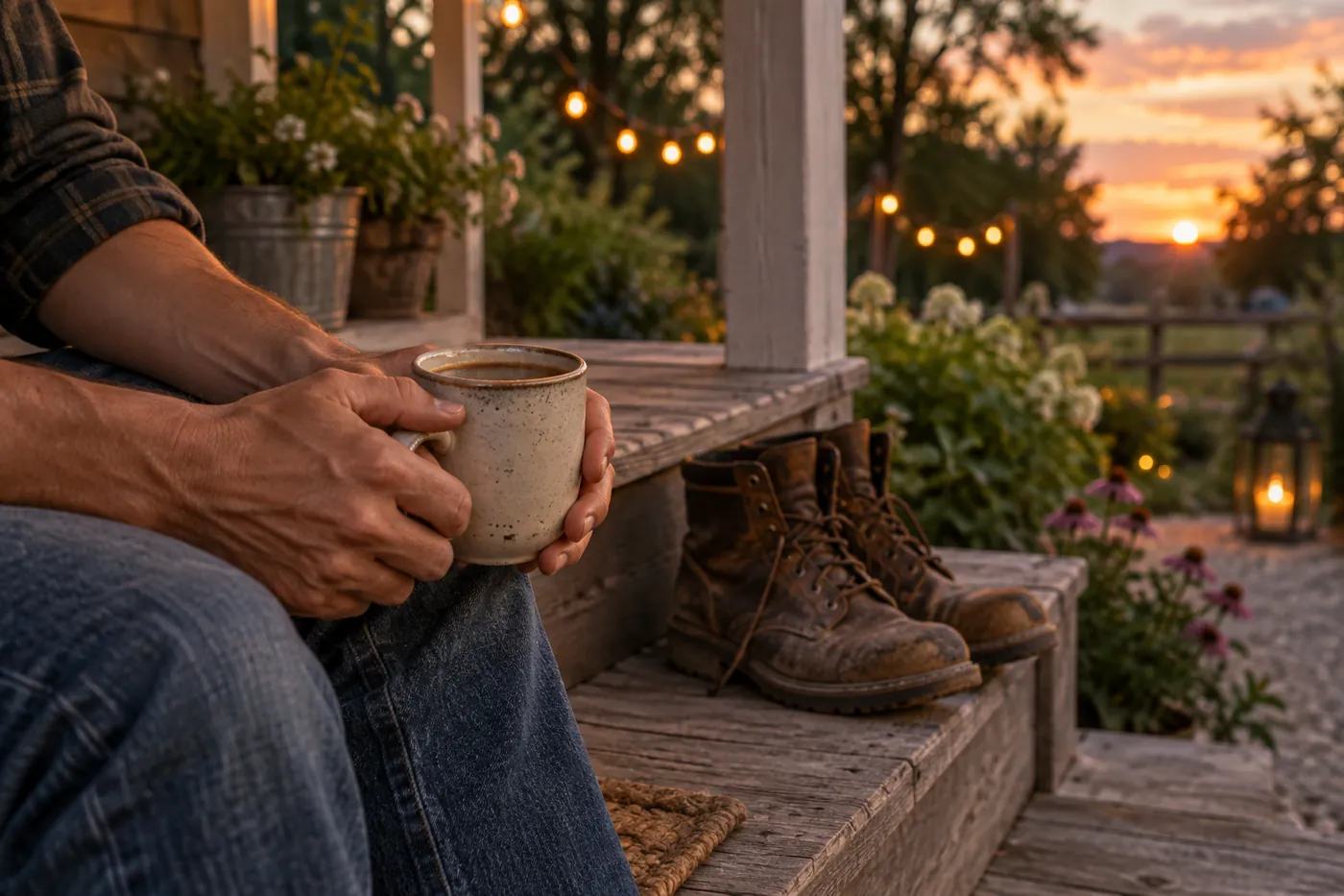 Hands around a coffee mug on a porch at dusk, work boots resting on the step